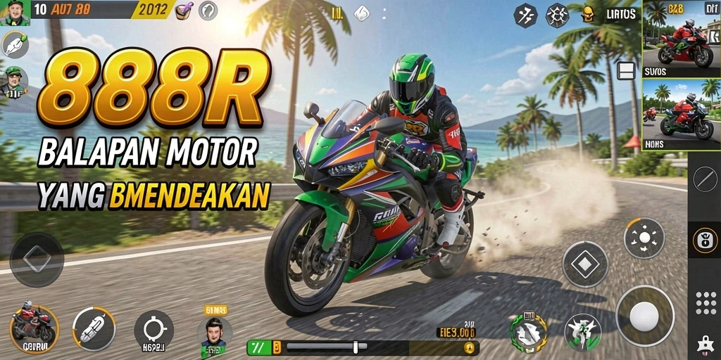 Screenshot utama 888R menampilkan aksi balap motor yang cepat dan mendebarkan.