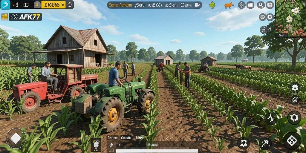 Tampilan gameplay AFK77 dengan ladang yang subur dan tanaman beragam.