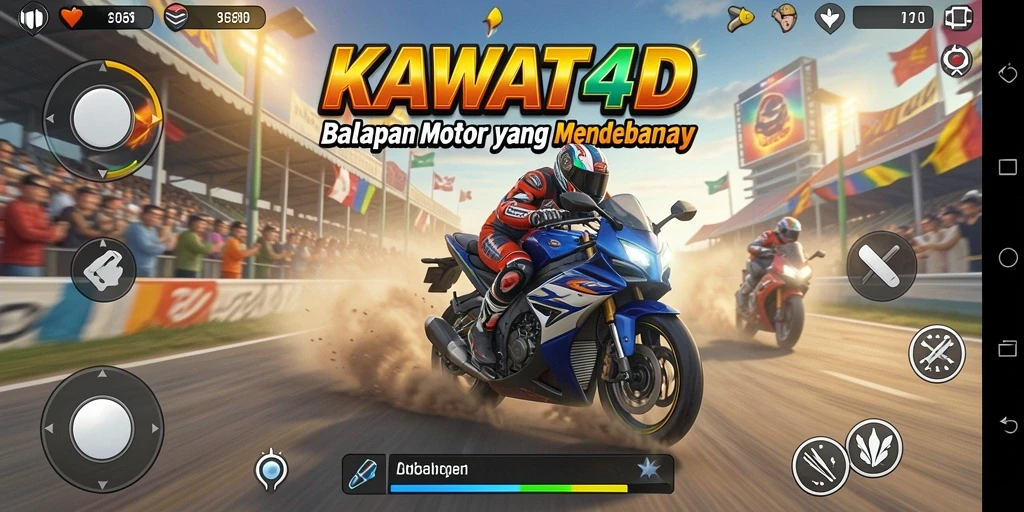 Screenshot KAWAT4D menampilkan balapan motor yang intens dan dramatis.