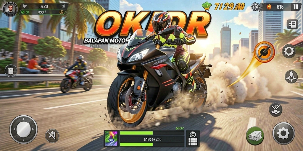 Gameplay seru di <strong>OKIDR</strong> dengan balapan motor yang mendebarkan.