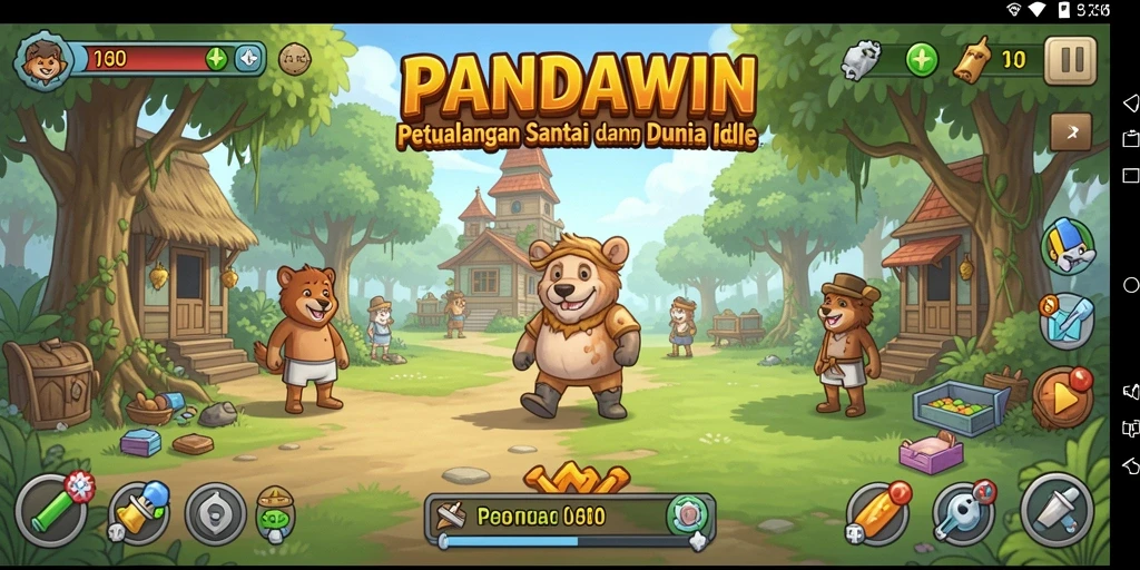Screenshot utama PANDAWIN menampilkan karakter lucu dalam dunia Idle.